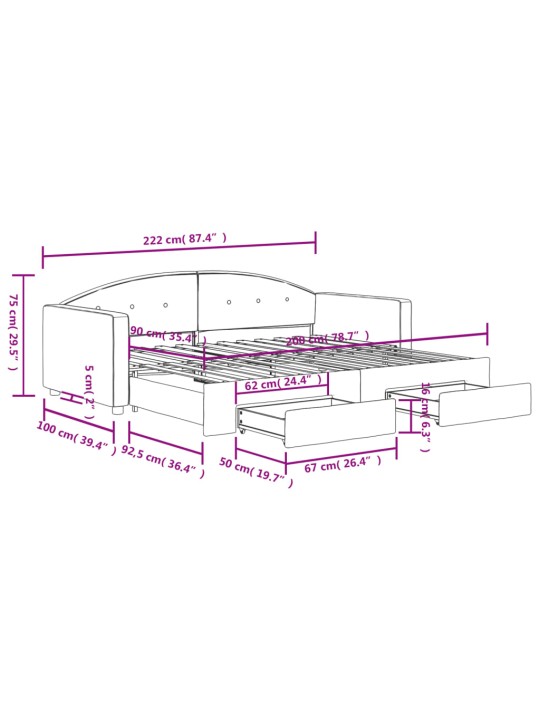 Válenda s přistýlkou a zásuvkami tmavě šedá 90 x 200 cm samet