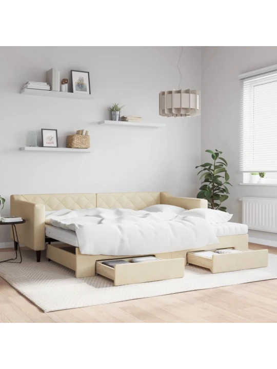 Válenda s přistýlkou a zásuvkami krémová 90 x 200 cm textil