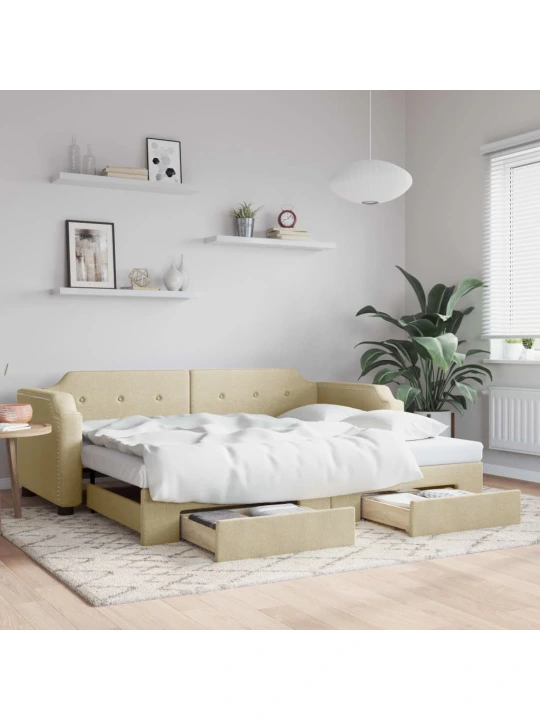 Válenda s přistýlkou a zásuvkami krémová 90 x 200 cm textil
