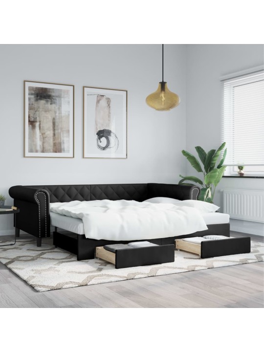 Válenda s přistýlkou a zásuvkami černá 90 x 200 cm umělá kůže