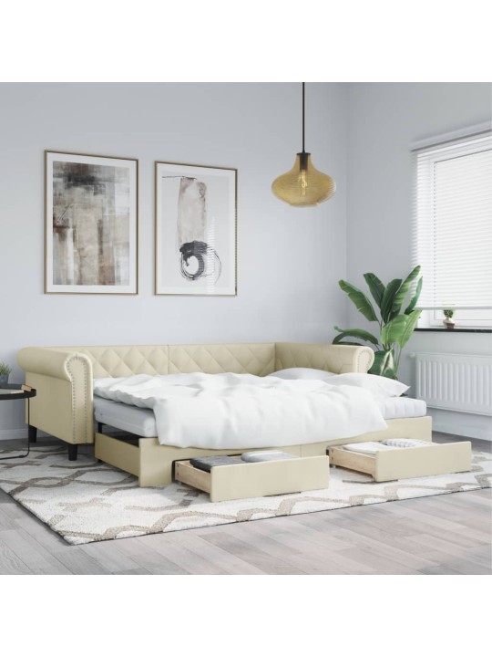 Válenda s přistýlkou a zásuvkami krémová 90 x 200 cm umělá kůže