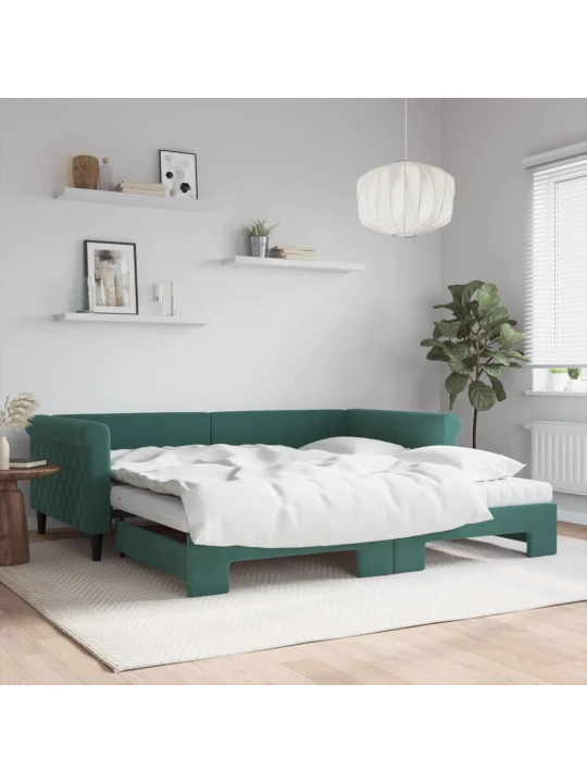 Válenda s přistýlkou a matracemi tmavě zelená 100x200 cm samet