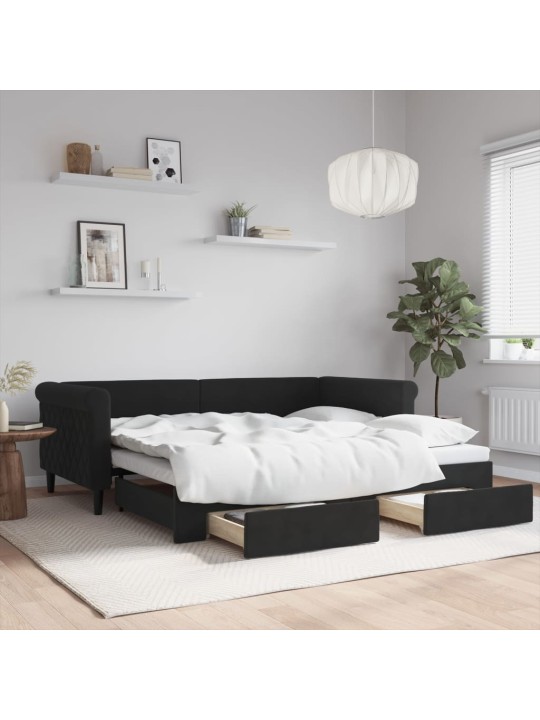 Válenda s přistýlkou a zásuvkami černá 90 x 190 cm samet
