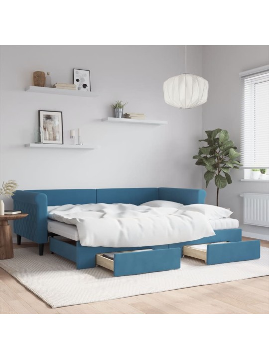 Válenda s přistýlkou a zásuvkami modrá 90 x 200 cm samet