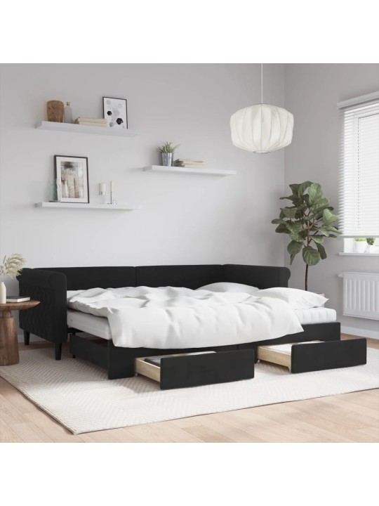 Válenda s přistýlkou a zásuvkami černá 90 x 200 cm samet
