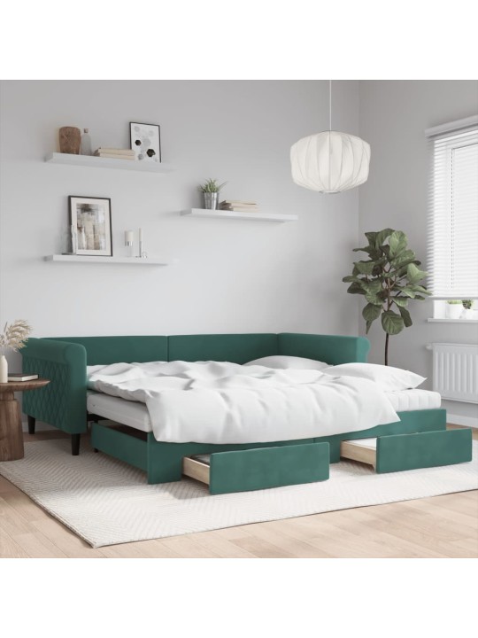 Válenda s přistýlkou a zásuvkami tmavě zelená 100x200 cm samet