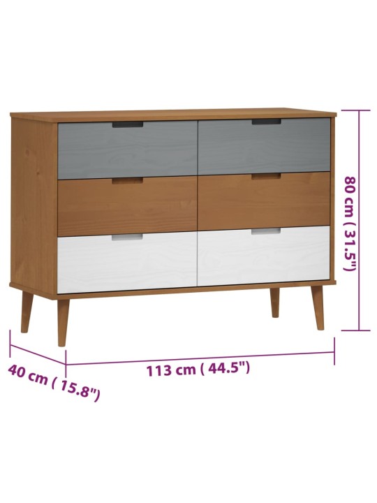 Zásuvková komoda MOLDE hnědá 113x40x80 cm masivní borové dřevo