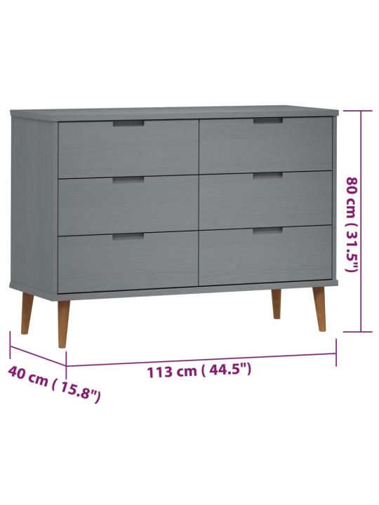 Zásuvková komoda MOLDE šedá 113x40x80 cm masivní borové dřevo