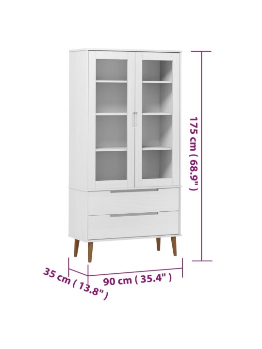 Vitrína MOLDE bílá 90 x 35 x 175 cm masivní borové dřevo