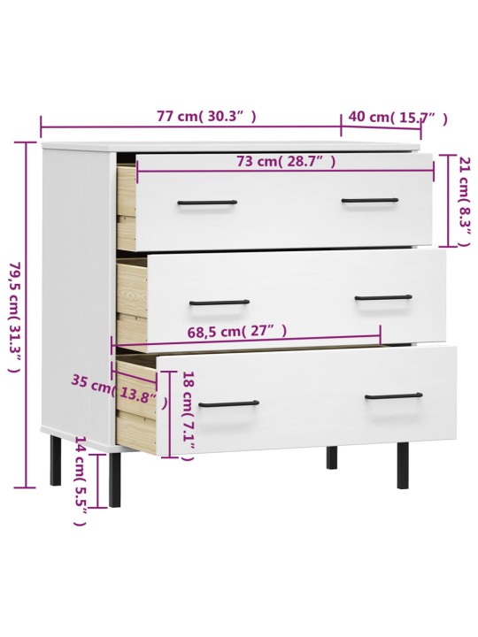 Příborník se 3 zásuvkami bílý 77x40x79,5 cm masivní dřevo OSLO