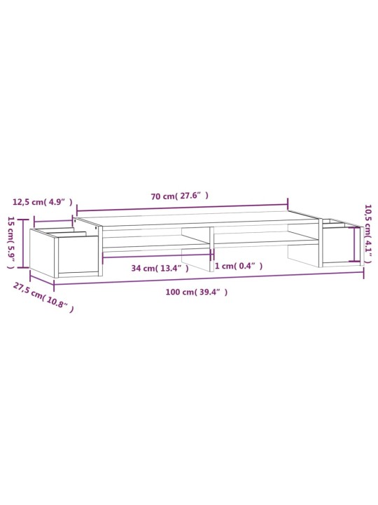 Stojan na monitor bílý 100x27,5x15 cm masivní borové dřevo