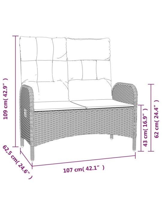 Polohovací zahradní lavice s poduškami 107 cm polyratan černá