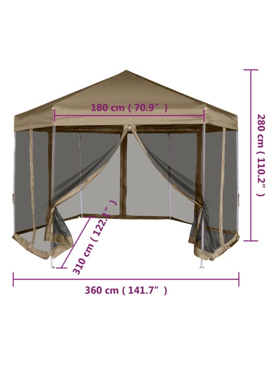 Šestihranný pop-up stan s bočnicemi 3,6 x 3,1 m taupe 220 g/m²