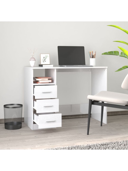 Psací stůl se zásuvkami bílý vysoký lesk 102x50x76 cm kompozit