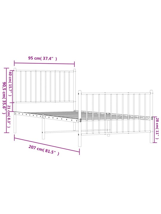 Kovový rám postele s hlavovým a nožním čelem bílý 90 x 200 cm