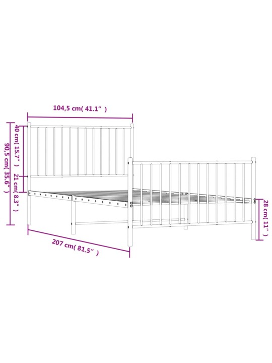 Kovový rám postele s hlavovým a nožním čelem bílý 100 x 200 cm