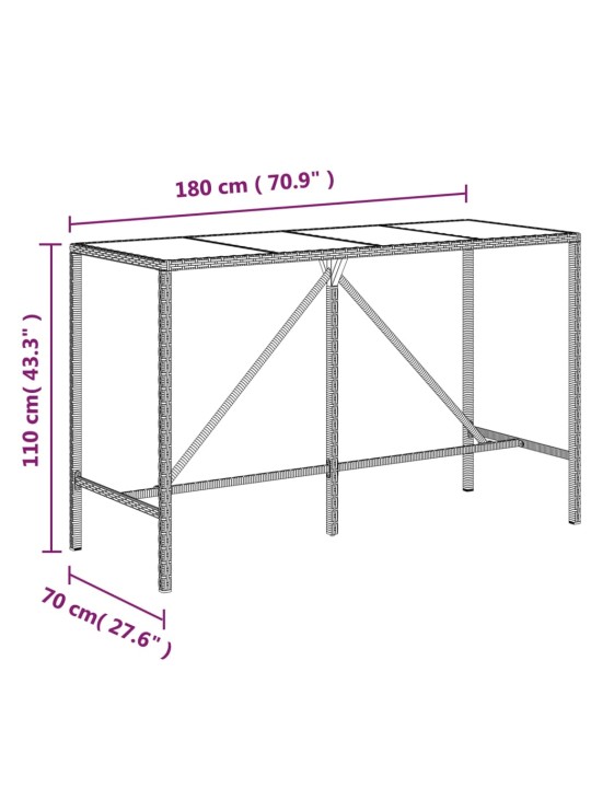 Barový stůl se skleněnou deskou hnědý 180x70x110 cm polyratan