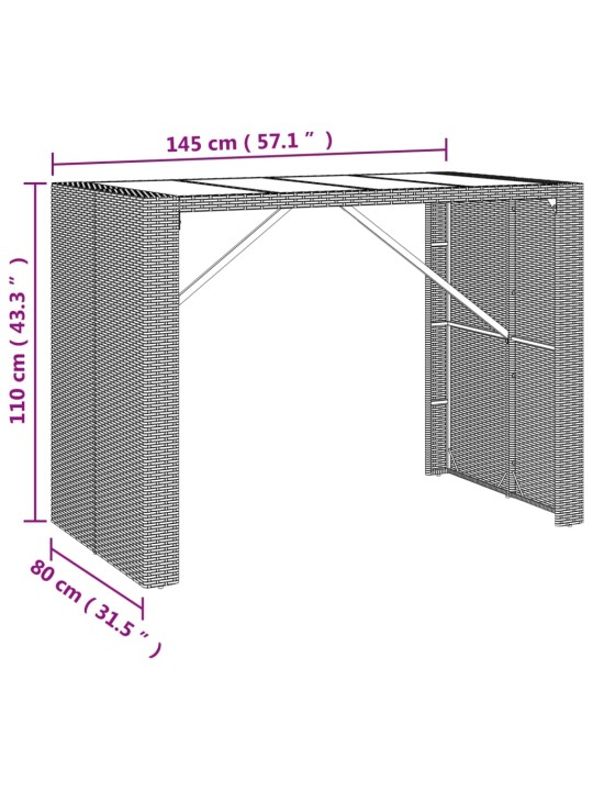 Barový stůl se skleněnou deskou hnědý 145x80x110 cm polyratan