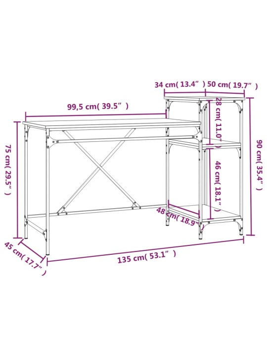 Psací stůl s policemi dub sonoma 135x50x90 cm kompozit a železo