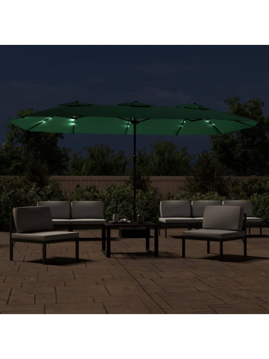 Dvojitý zahradní slunečník s LED zelený 449 x 245 cm