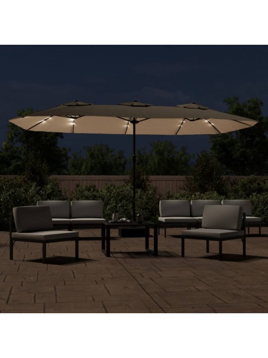 Dvojitý zahradní slunečník s LED taupe 449 x 245 cm