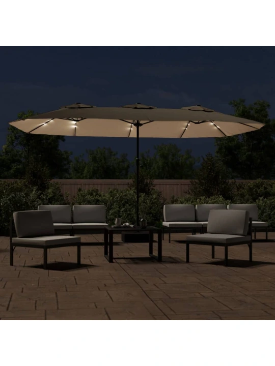 Dvojitý zahradní slunečník s LED taupe 449 x 245 cm