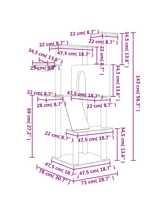 Škrabadlo pro kočky se sisalovými sloupky krémové 143 cm