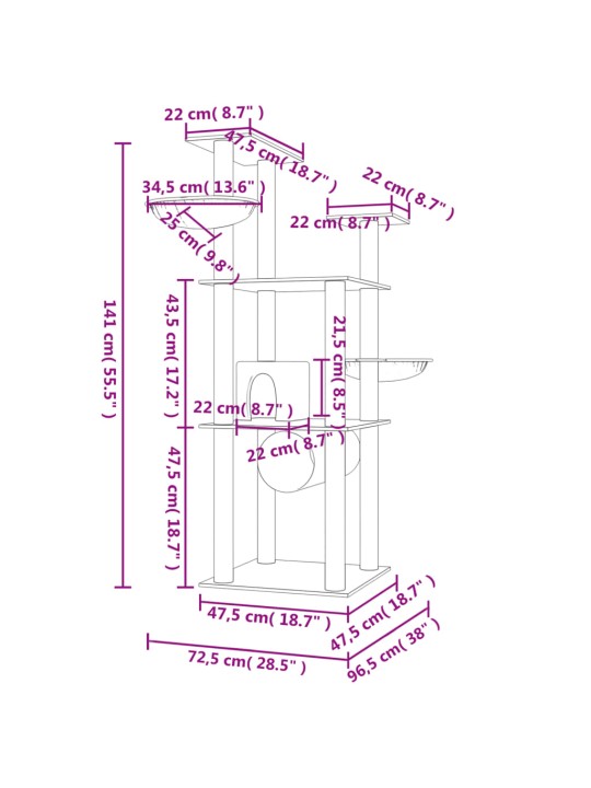 Škrabadlo pro kočky se sisalovými sloupky krémové 141 cm