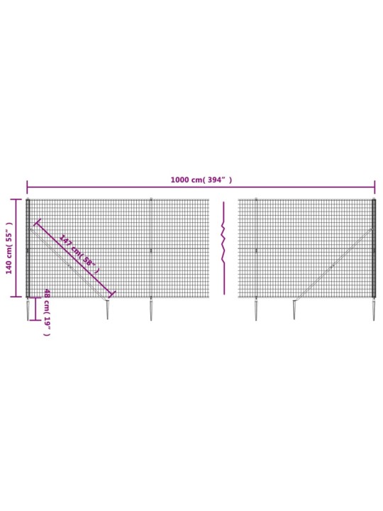 Drátěný plot s kotevními hroty zelený 1,4 x 10 m