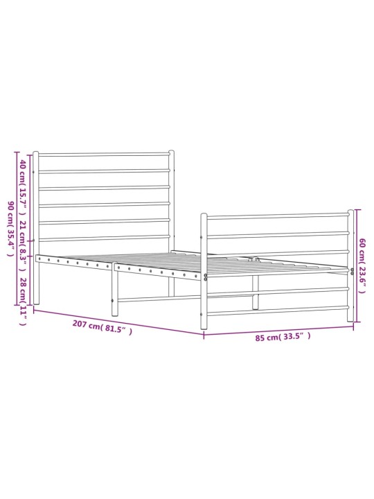Kovový rám postele s hlavovým a nožním čelem černý 80 x 200 cm