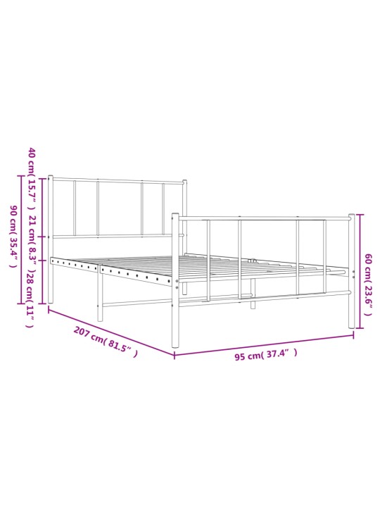 Kovový rám postele s hlavovým a nožním čelem černý 90 x 200 cm