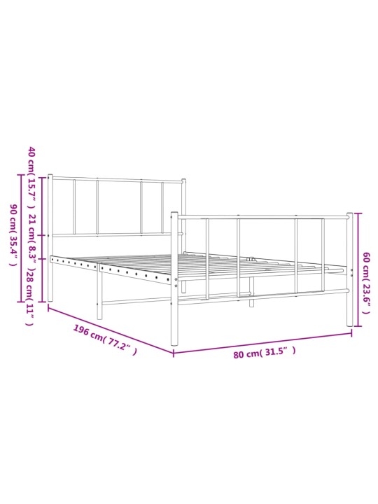 Kovový rám postele s hlavovým a nožním čelem bílý 75 x 190 cm