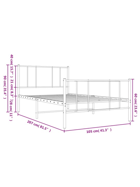 Kovový rám postele s hlavovým a nožním čelem bílý 100 x 200 cm