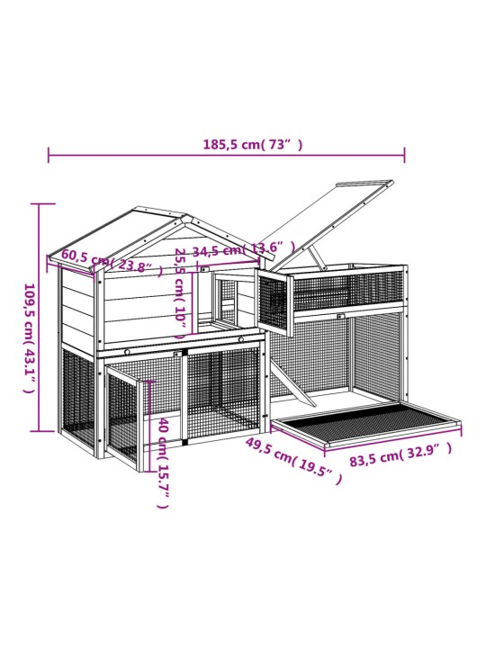 Králíkárna moka 185,5 x 60,5 x 109,5 cm masivní borové dřevo