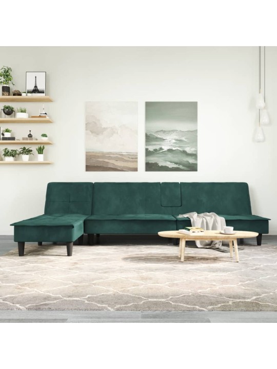 Rozkládací pohovka ve tvaru L tmavě zelená 255x140x70 cm samet