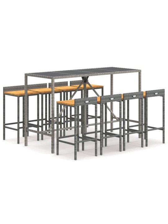 9dílný zahradní barový set šedý polyratan a masivní akácie