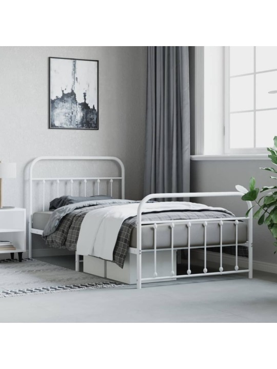 Kovový rám postele s hlavovým a nožním čelem bílý 107 x 203 cm