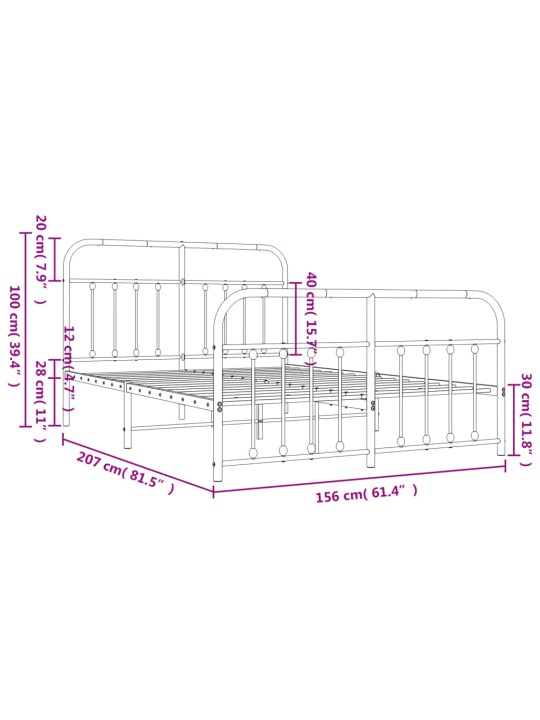 Kovový rám postele s hlavovým a nožním čelem bílý 150 x 200 cm
