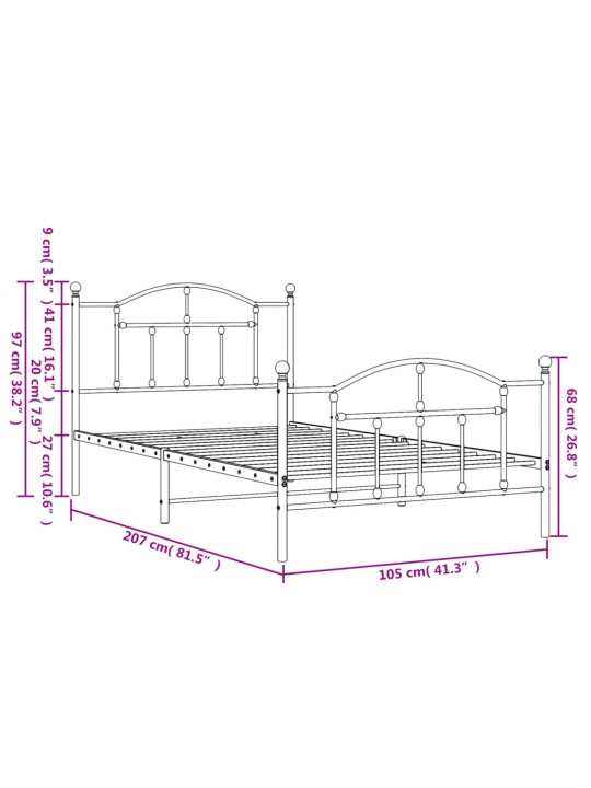 Kovový rám postele s hlavovým a nožním čelem černý 100 x 200 cm