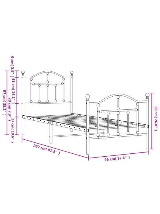 Kovový rám postele s hlavovým a nožním čelem bílý 90 x 200 cm