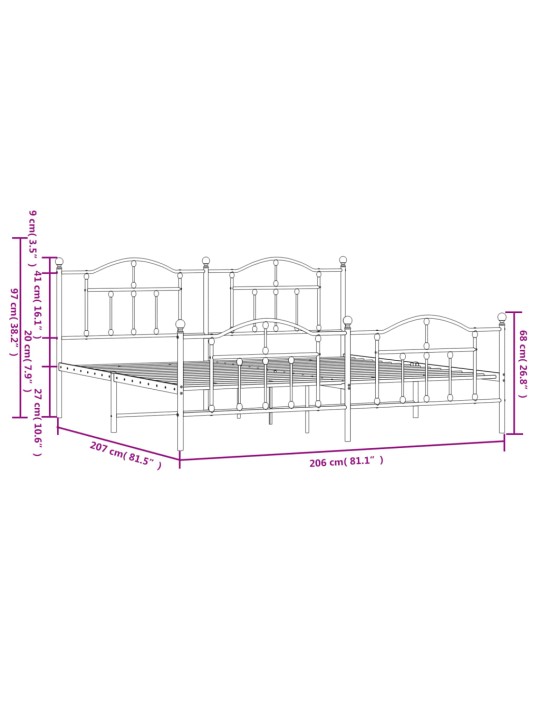 Kovový rám postele s hlavovým a nožním čelem bílý 200 x 200 cm