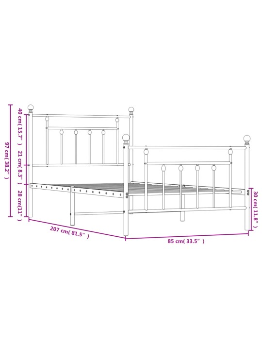 Kovový rám postele s hlavovým a nožním čelem černý 80 x 200 cm