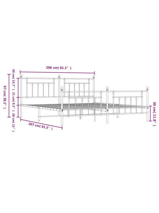 Kovový rám postele s hlavovým a nožním čelem černý 200 x 200 cm