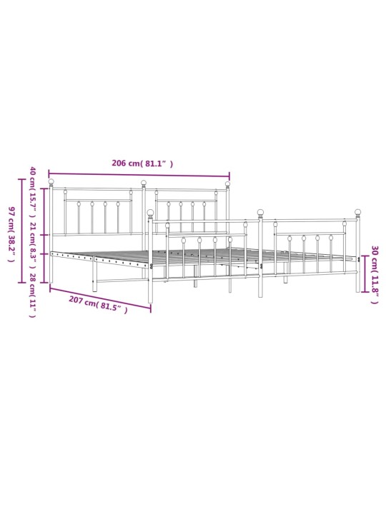 Kovový rám postele s hlavovým a nožním čelem bílý 200 x 200 cm