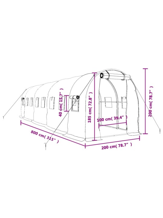 Skleník s ocelovým rámem bílý 16 m² 8 x 2 x 2 m