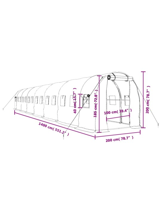Skleník s ocelovým rámem bílý 28 m² 14 x 2 x 2 m