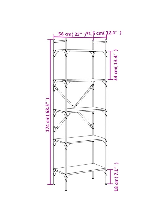 Knihovna s 5 policemi hnědý dub 56 x 31,5 x 174 cm kompozit