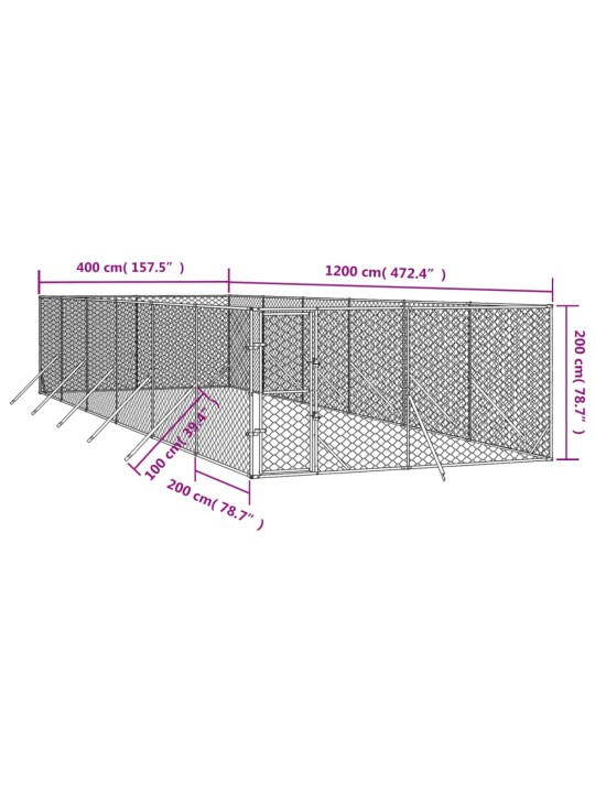 Venkovní psí kotec stříbrný 4 x 12 x 2 m pozinkovaná ocel