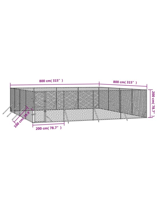 Venkovní psí kotec stříbrný 8 x 8 x 2 m pozinkovaná ocel