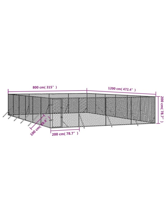 Venkovní psí kotec stříbrný 8 x 12 x 2 m pozinkovaná ocel